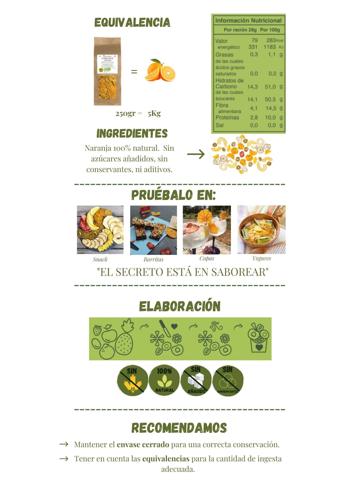 Equivalencia naranja fresca y naranja deshidratada, tabla de información nutricional. Ingredientes de fruta deshidratada 100% natural sin azúcares añadidos, sin conservantes ni aditivos. Snack saludable pruébalo en diferentes recetas.