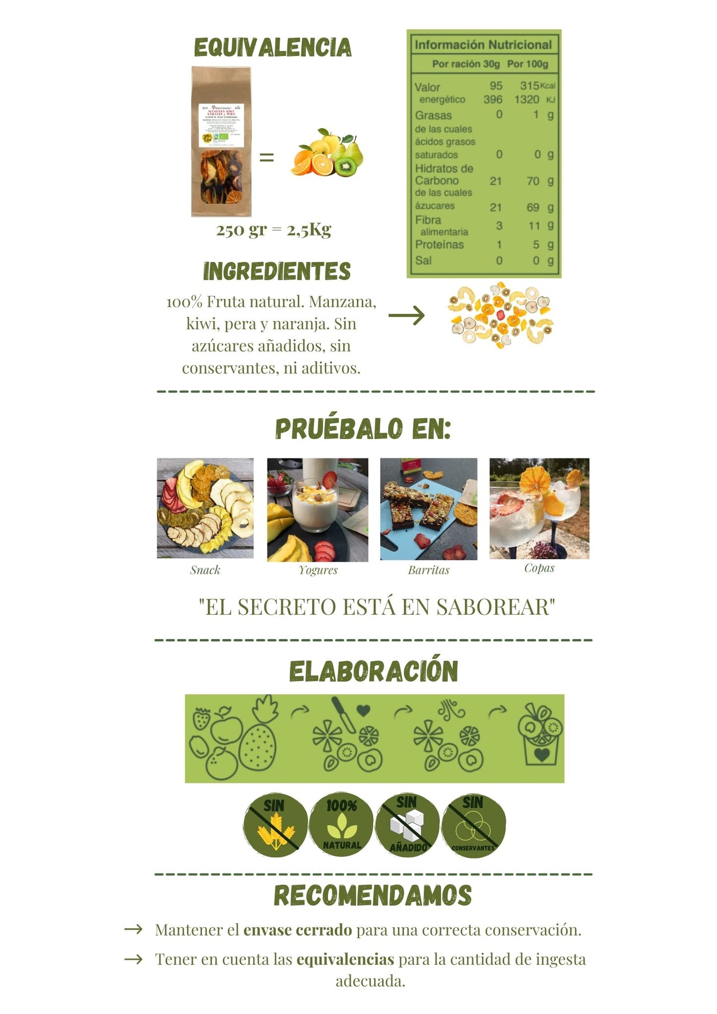 Equivalencia bio cóctel manzana, kiwi, pera y naranja fresca y bio cóctel fruta deshidratada. Ingredientes 100% fruta natural manzana, kiwi, pera y naranja. Sin azúcares añadidos, sin conservantes ni aditivos. El secreto está en saborear. Conservar envase cerrado y consumir cantidad recomendada.