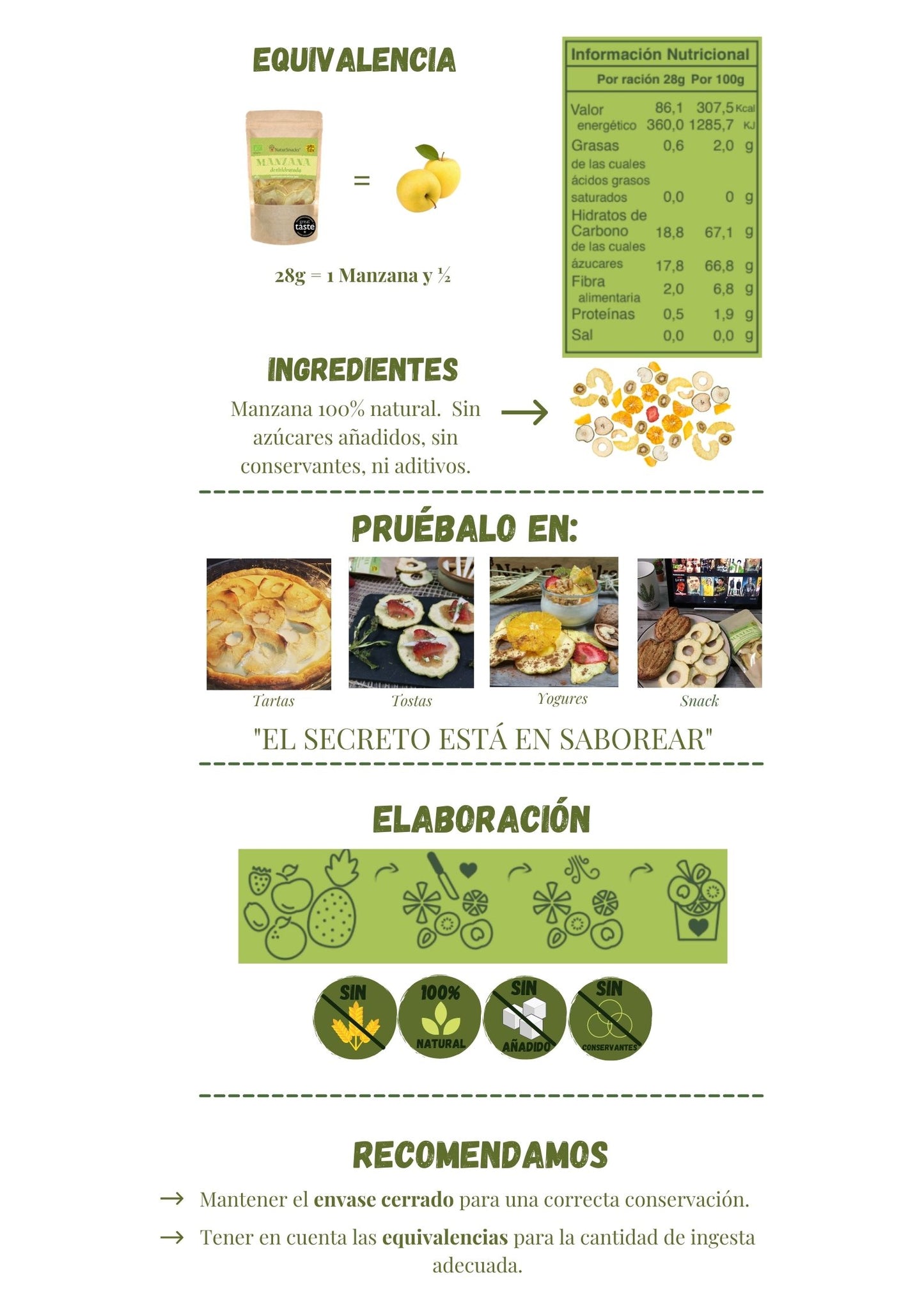 Manzana deshidratada equivalencias manzana fresca y manzana deshidratada, tabla de información nutricional. Ingredientes manzana 100% natural sin azúcares añadidos, sin conservantes ni aditivos. El secreto está en saborear.