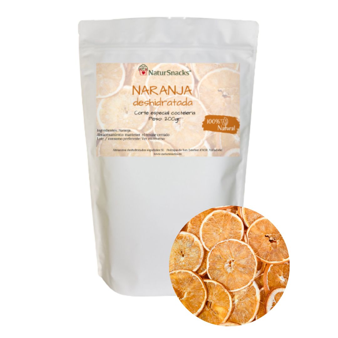 Comprar naranja deshidratada en formato familiar de 250 gramos especial coctelería para todas tus preparaciones y bebidas. Elaborada con naranja 100% natural sin azúcares añadidos, sin conservantes ni aditivos. 