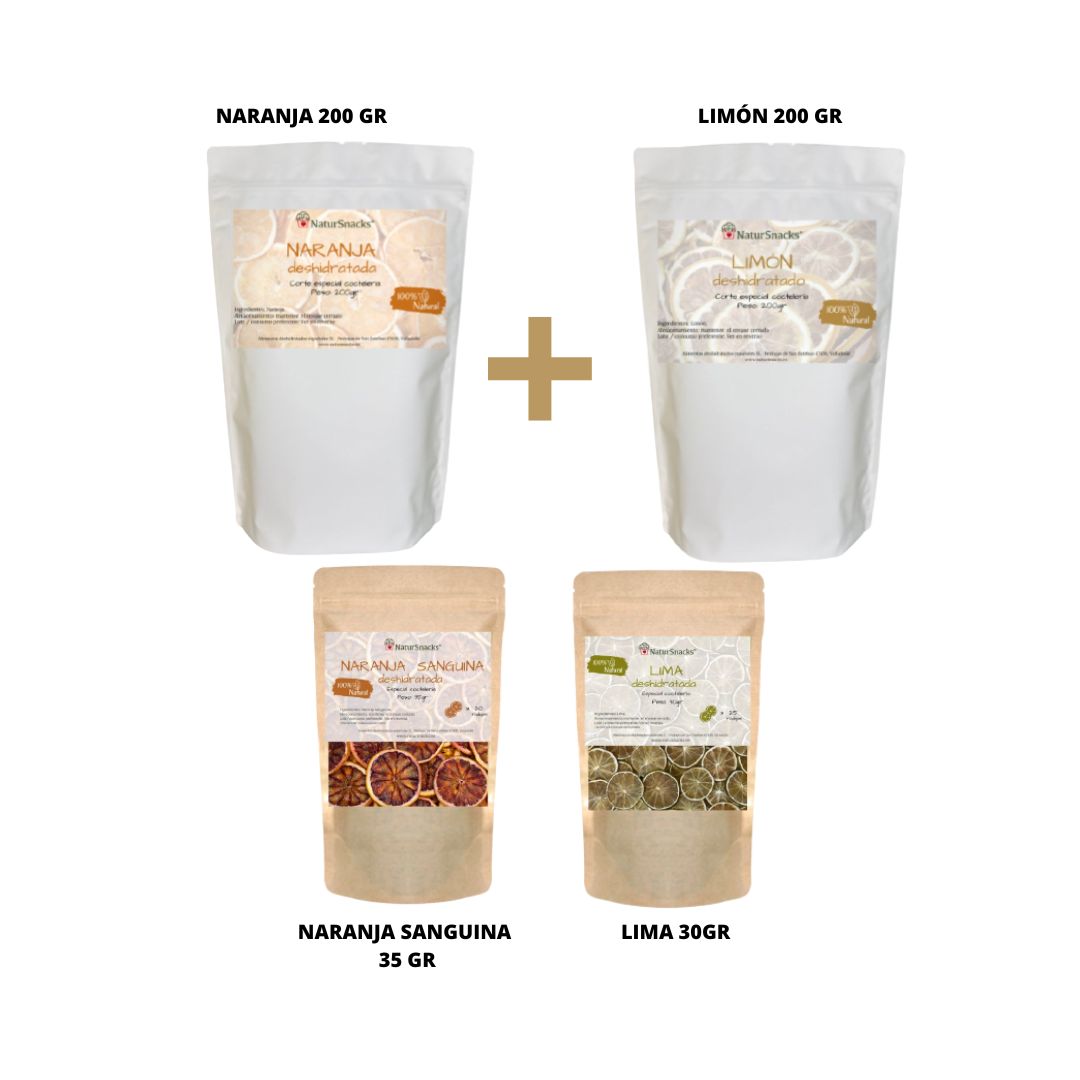 Pack de cítricos de coctelería lima deshidratada, naranja deshidratada, limón deshidratado y naranja sanguina deshidratada. Fruta 100% natural sin azúcares añadidos, conservantes ni aditivos. Fruta para tus cócteles y bebidas.