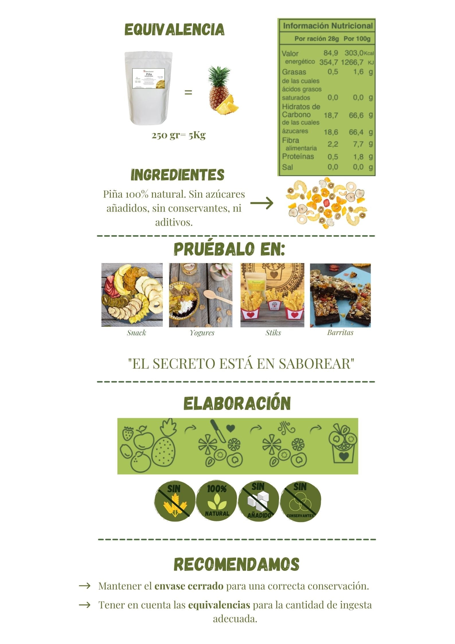 Equivalencia piña deshidratada 250 gr equivalen a 5 kg de piña fresca. Ingredientes piña 100% natural sin cosas raras. El secreto está en saborear