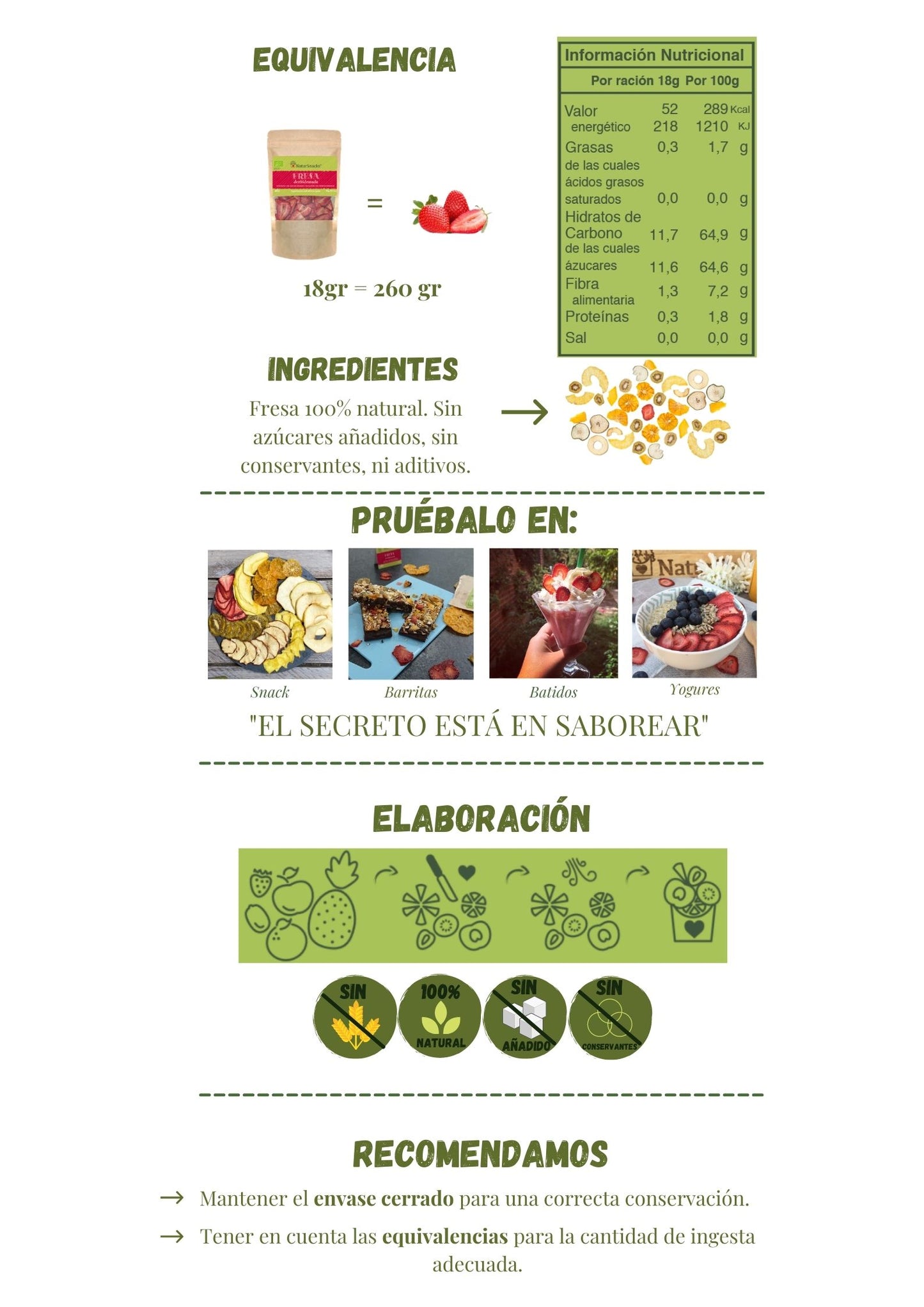 Equivalencia fresa fresca y fresa deshidratada, tabla de información nutricional. Pruébalo en diferentes recetas, el secreto está en saborear. Recomendaciones de uso y de consumo de la fruta deshidratada 