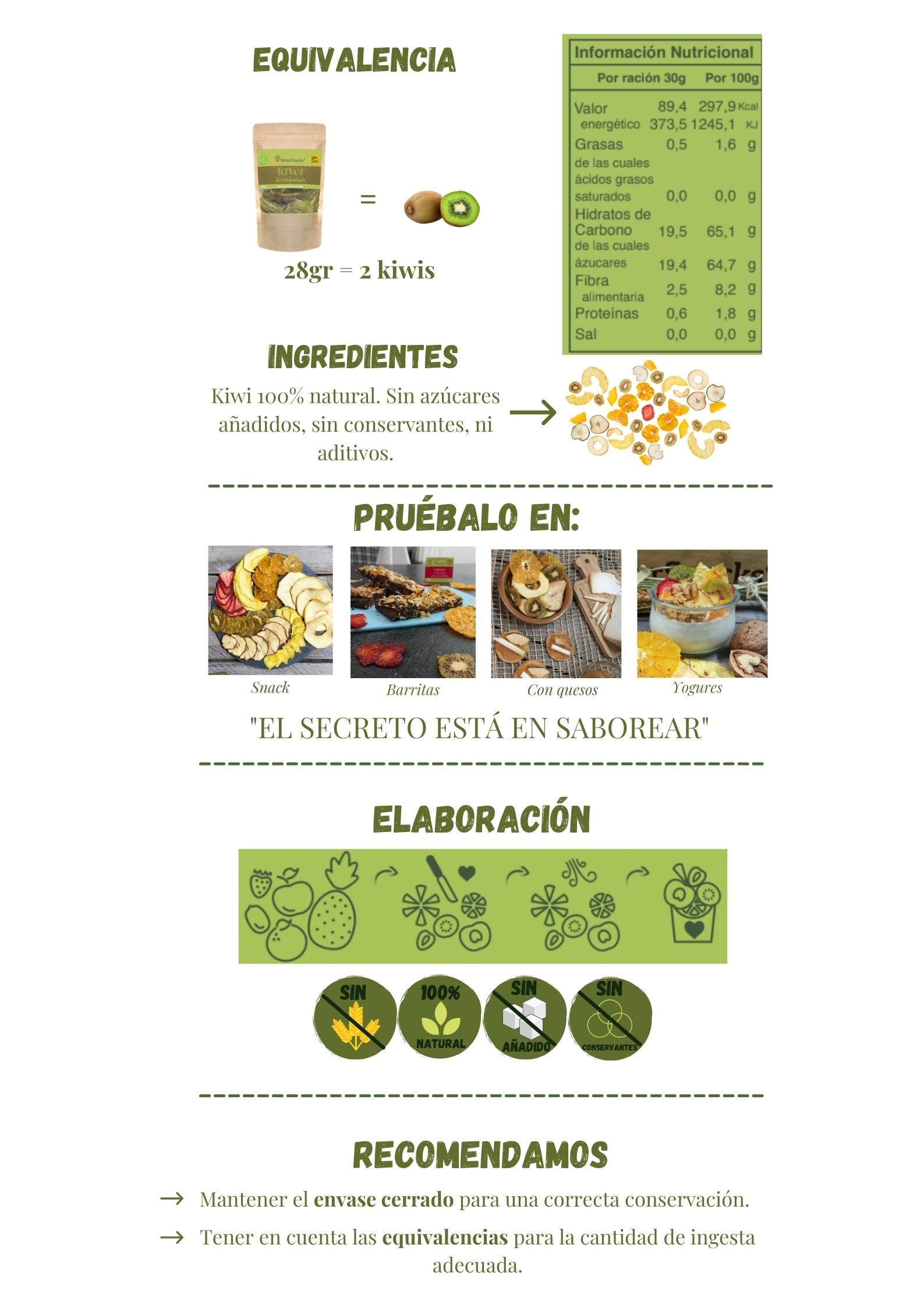 Equivalencias kiwi fresco y kiwi deshidratado, 28 gramos de kiwi deshidratado equivalen a 2 kiwis frescos, tabla de información nutricional. Ingredientes kiwi 100% natural sin azúcares añadidos, sin conservantes ni aditivos. El secreto está en saborear. Conservar envase cerrado y consumir cantidad recomendada.