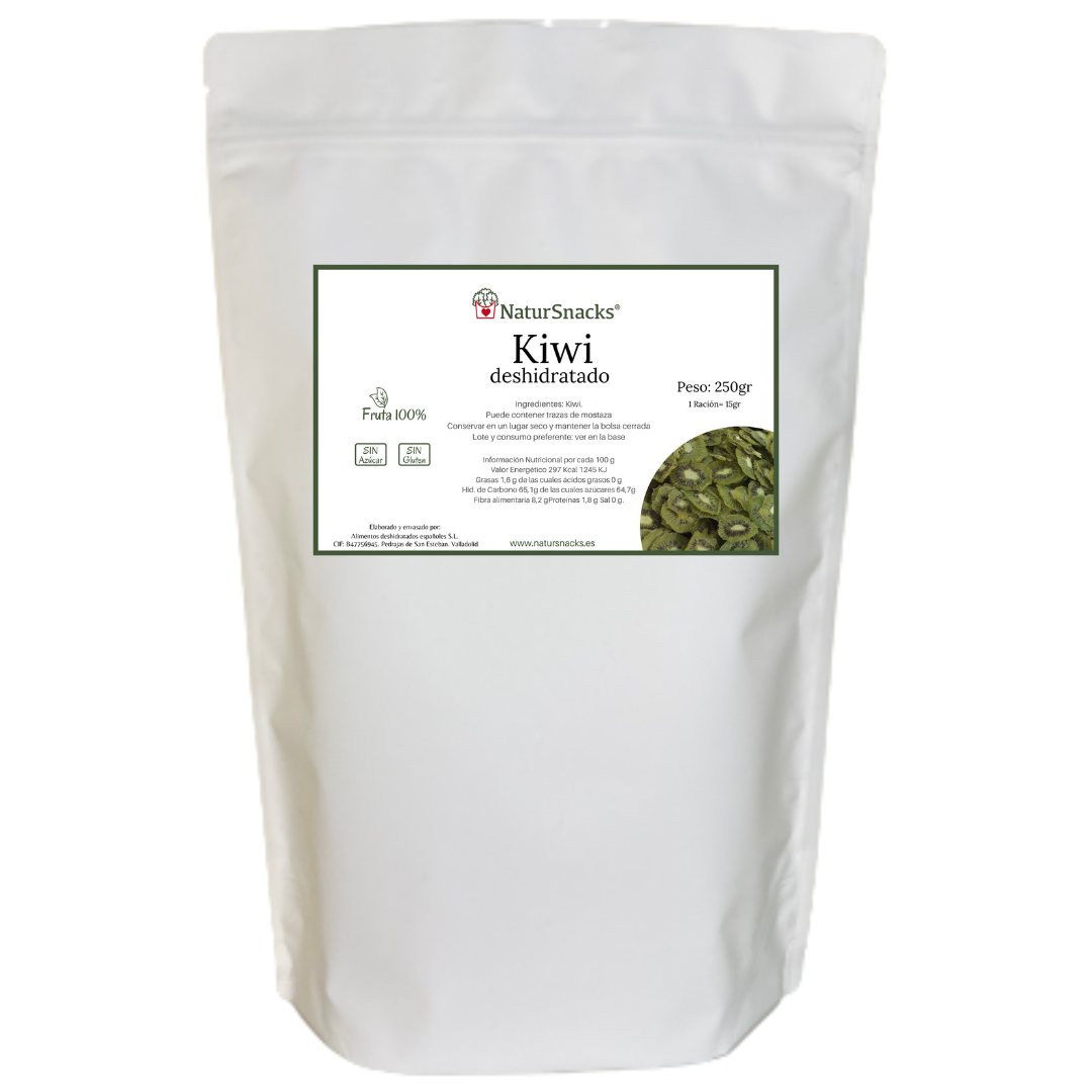 Comprar kiwi deshidratado 100% natural sin azúcares añadidos, sin conservantes ni aditivos. Formato familiar de 250 gr.