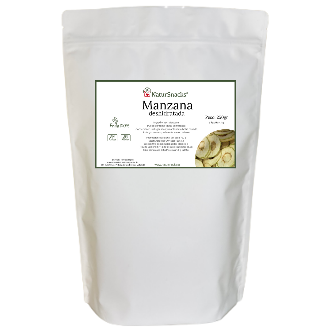 Comprar manzana deshidratada 100% natural sin azúcares añadidos, sin conservantes ni aditivos. Formato familiar 250 gramos.