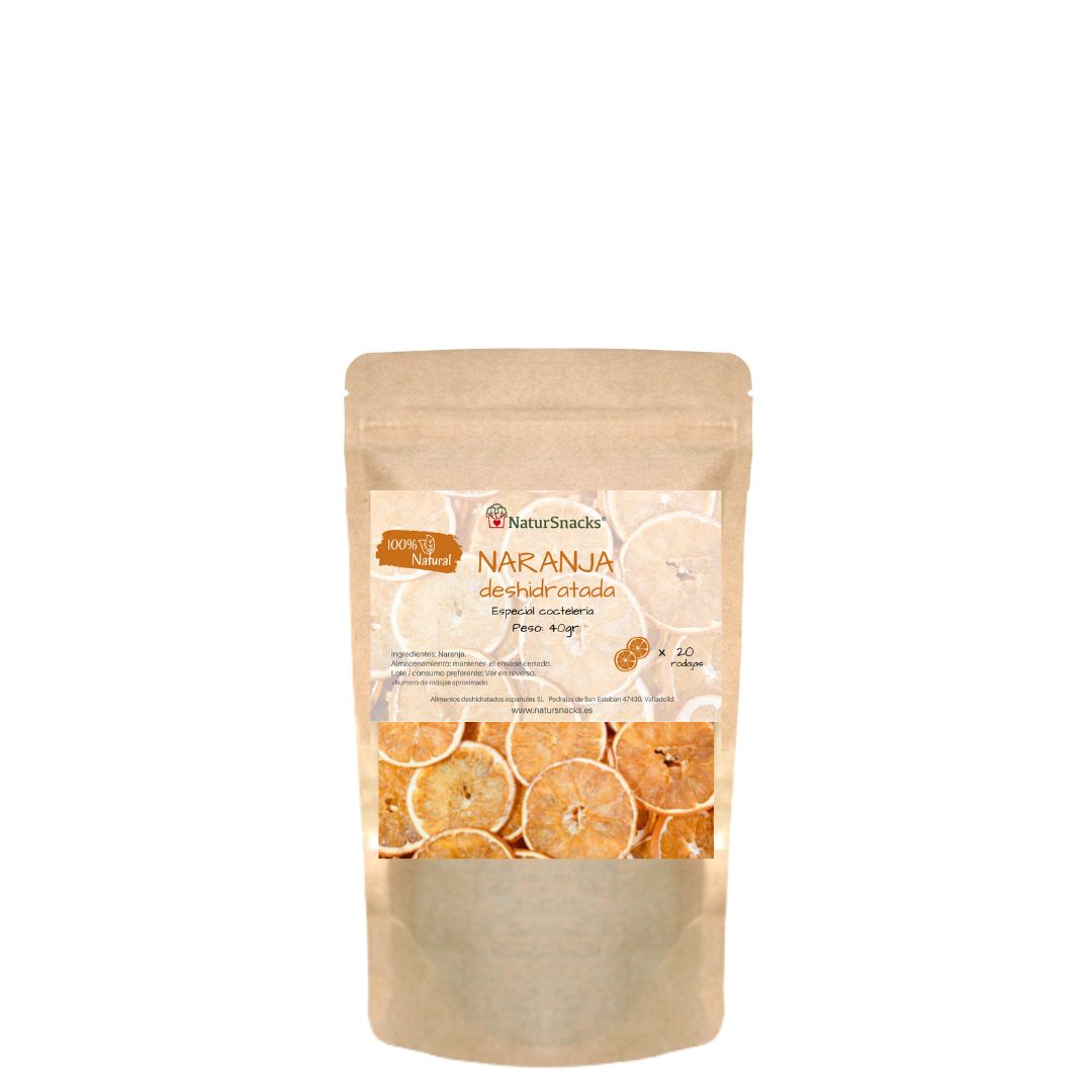 Naranja Deshidratada con corteza especial para coctelería en formato de 40 gramos. Elaborado con fruta 100% natural sin azúcares añadidos, sin conservantes ni aditivos.