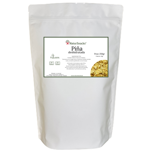 Comprar piña deshidratada 100% natural sin azúcares añadidos, sin conservantes ni aditivos. Formato familiar 250 gr