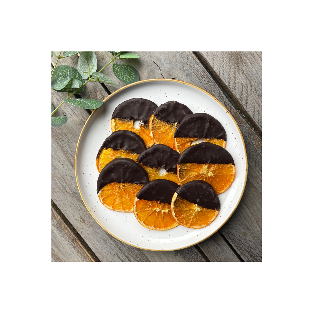 Rodajas de Naranja Deshidratada con Chocolate 80%.