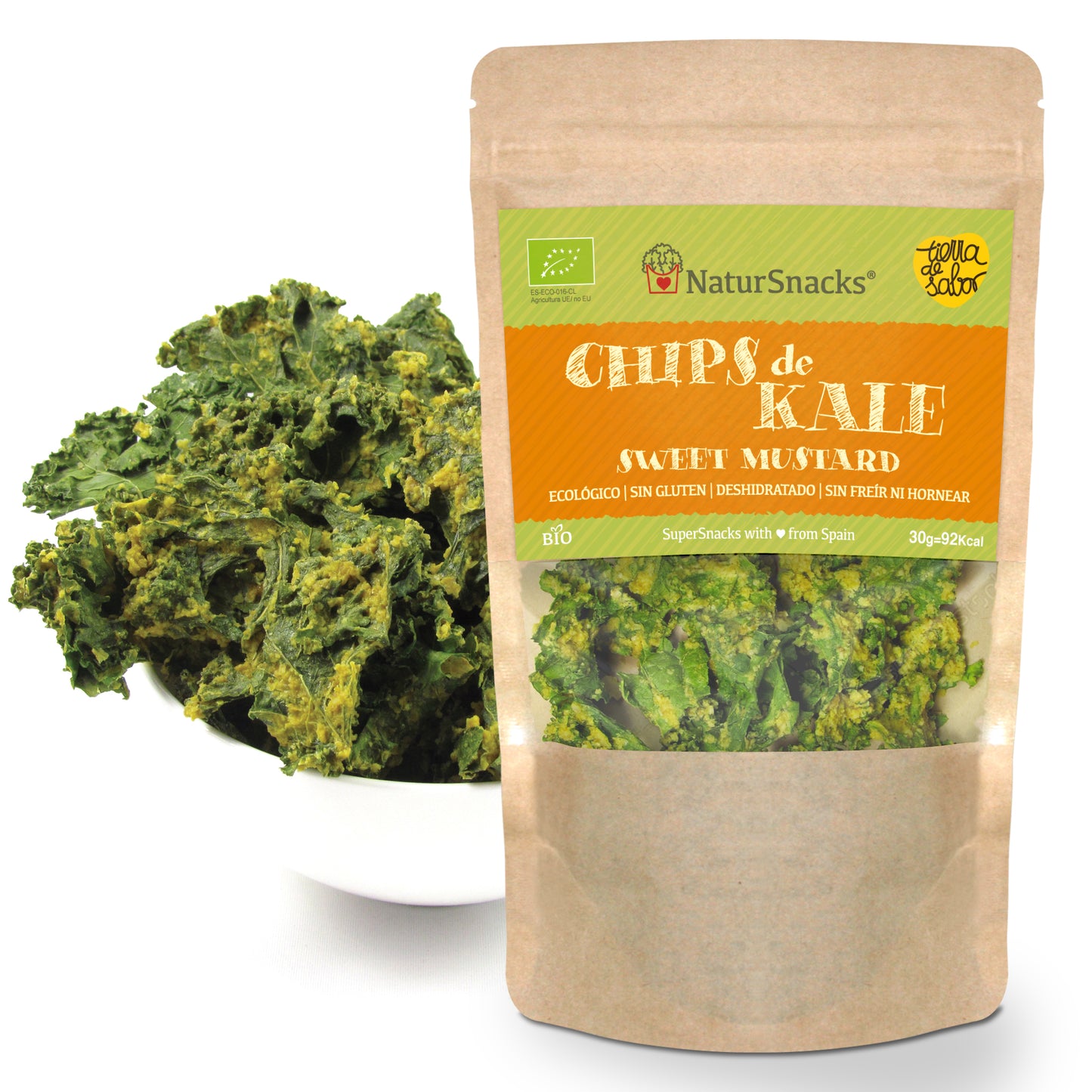 Chips de Kale con miel y mostaza - NaturSnaks. Ingredientes 100% naturales, tu snack perfecto para picar entre horas de forma saludable o para acompañar tus platos.